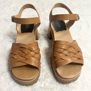Swedish Hasbeens Rutan Tan Leather & Wood Ankle Strap Lug Sole Sandals Size 7
